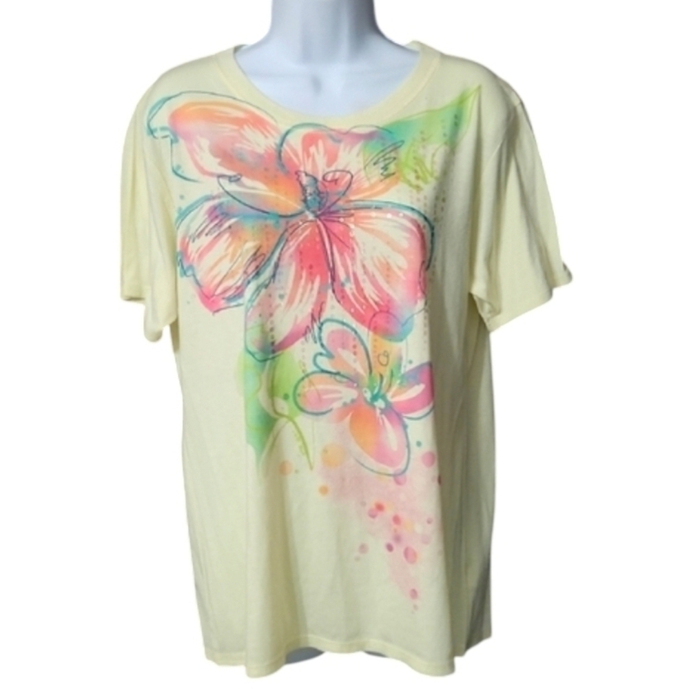 Cabela's Artisan Wearable Art Butter Yellow Floral Sequin T-Shirt